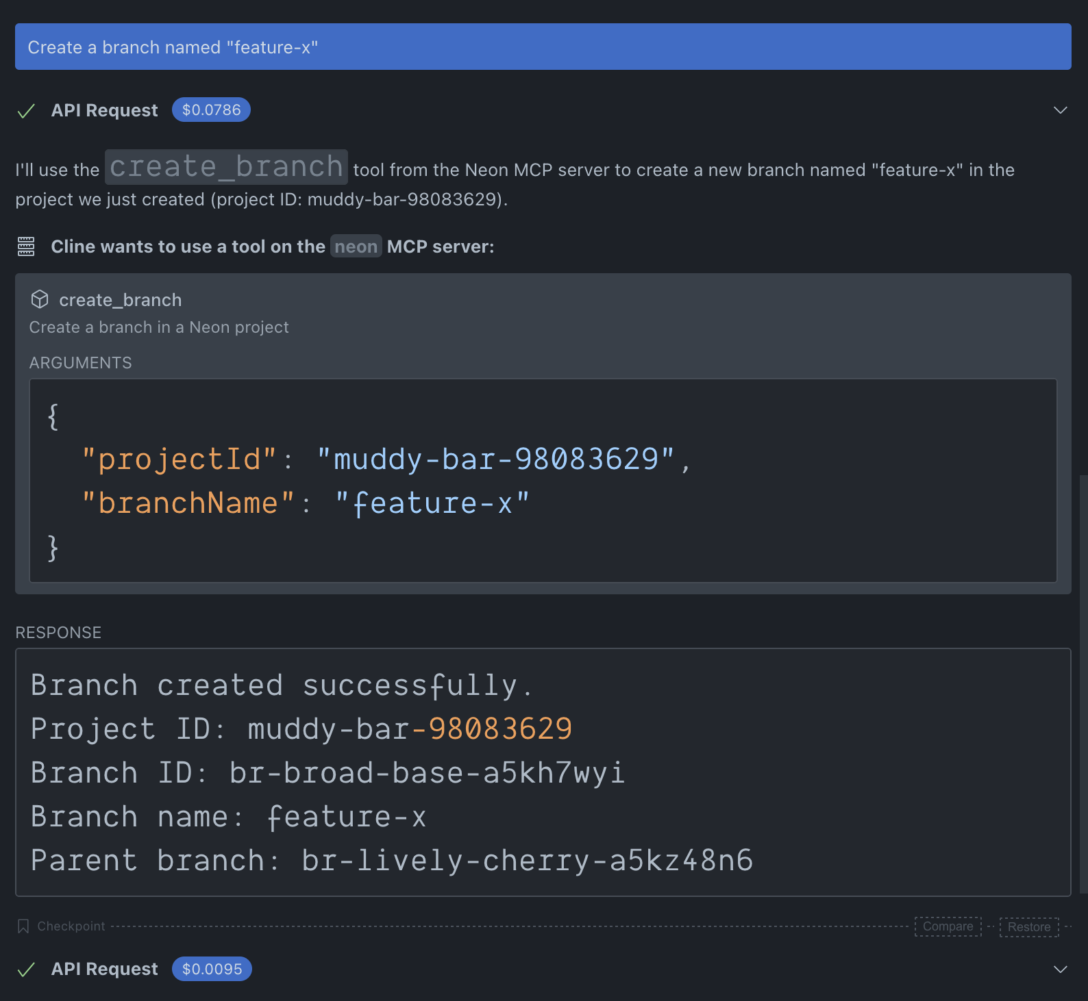 Cline creating a new Neon branch